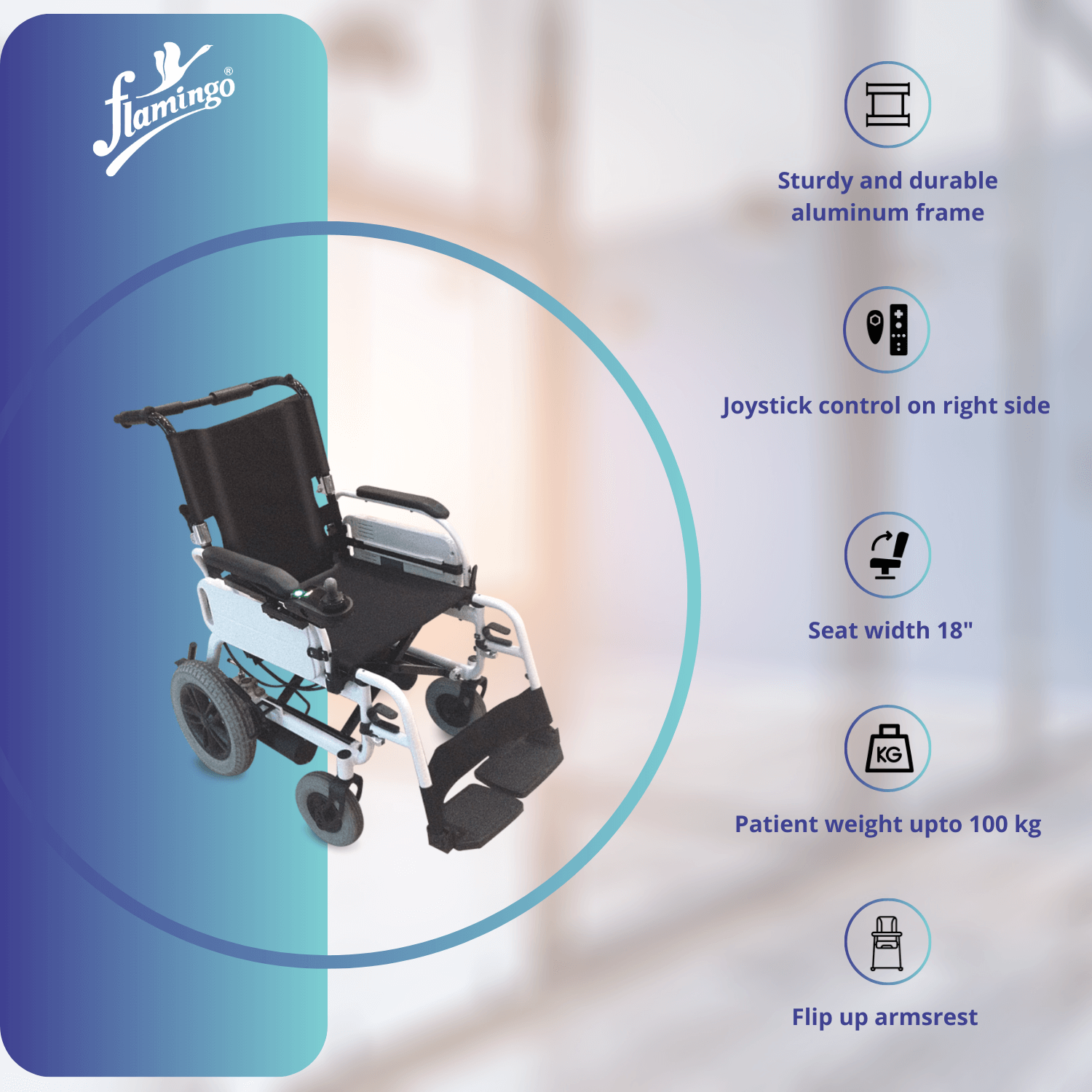 Premium powered wheelchair
Motorized wheelchair
Wheelchair with joystick control
Adjustable footrests wheelchair
18-inch seat wheelchair
Flip-up armrests wheelchair
Wheelchair for enhanced mobility
