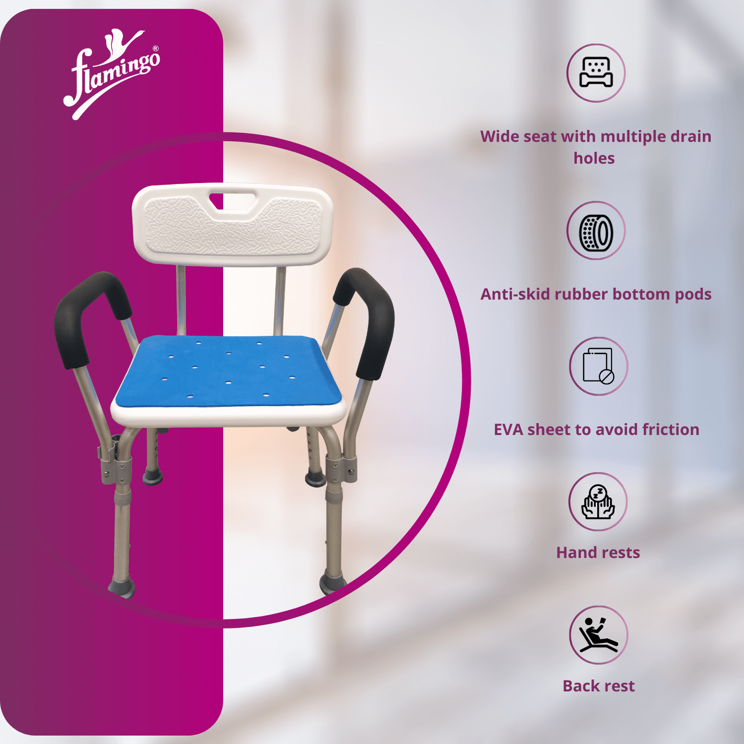 Shower chair with rails
Shower stool with backrest
Height adjustable shower chair
Shower seat for elderly
Bathroom chair with anti-slip feet
Shower stool for seniors
Corrosion-resistant shower chair
